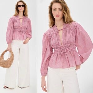 MILLE Ella Top Tango Stripe Tie Front Balloon Sleeve Boho Resort Medium NWT